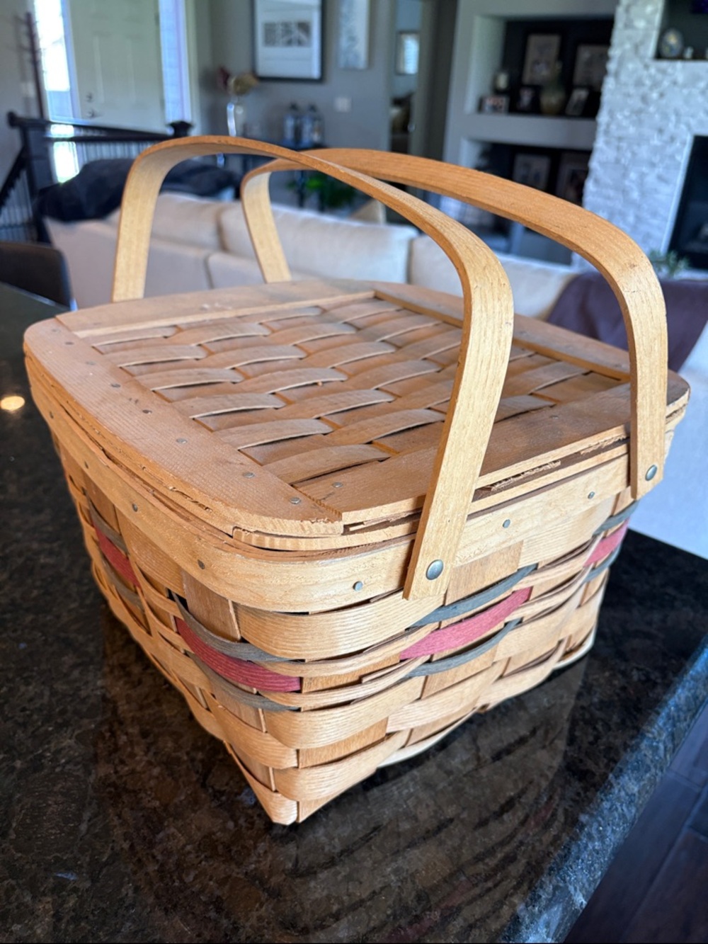 Woven Picnic Basket with Handles -Red and Green Accent colors